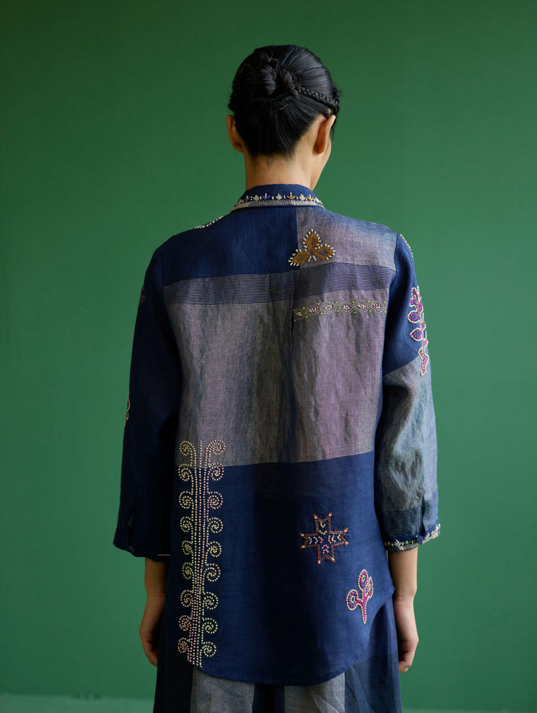 Tansa Hand-Embroidered Metallic Linen Shirt
 - Navy linen by Manan in navy color for women Worldwide