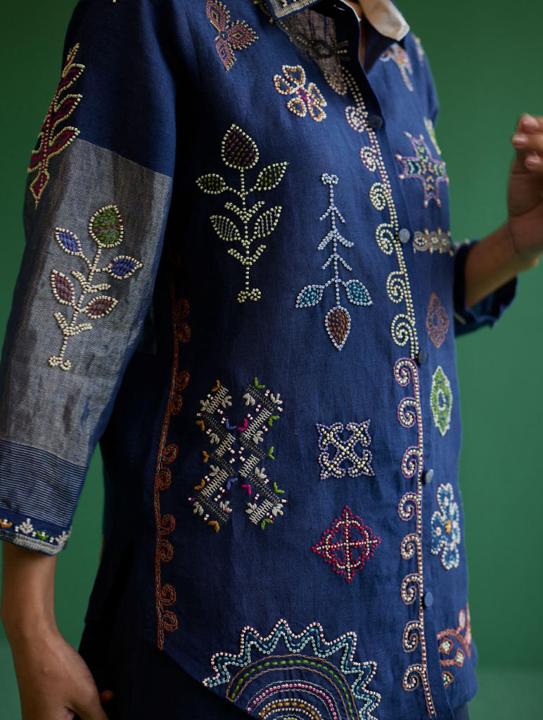 Tansa Hand-Embroidered Metallic Linen Shirt
 - Navy