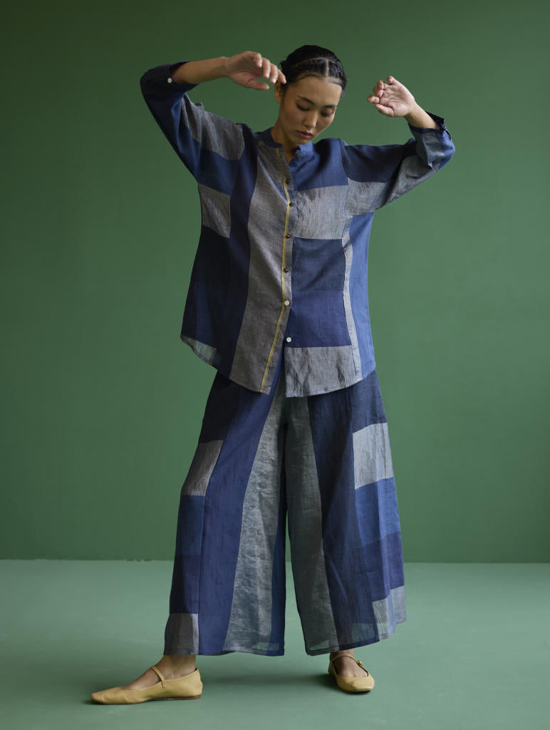 Izara Metallic Linen Co-ord Set - Navy linen by Manan in navy color for women Worldwide