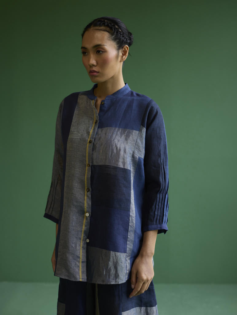 Izara Metallic Linen Co-ord Set - Navy linen by Manan in navy color for women Worldwide