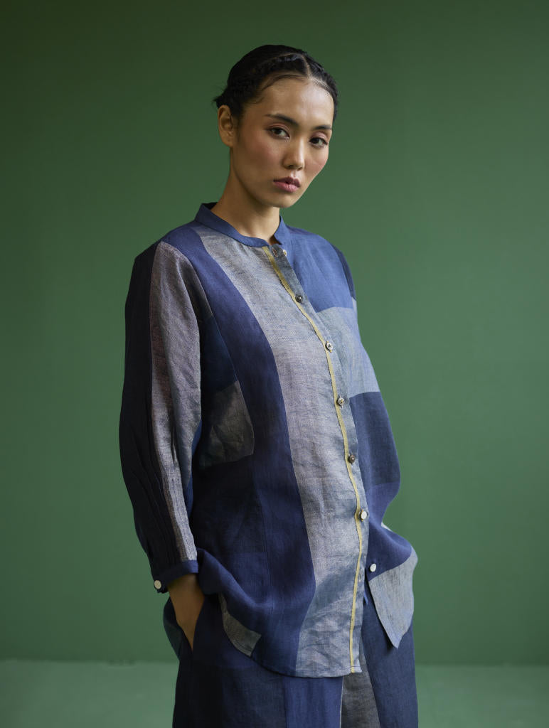 Izara Metallic Linen Co-ord Set - Navy linen by Manan in navy color for women Worldwide
