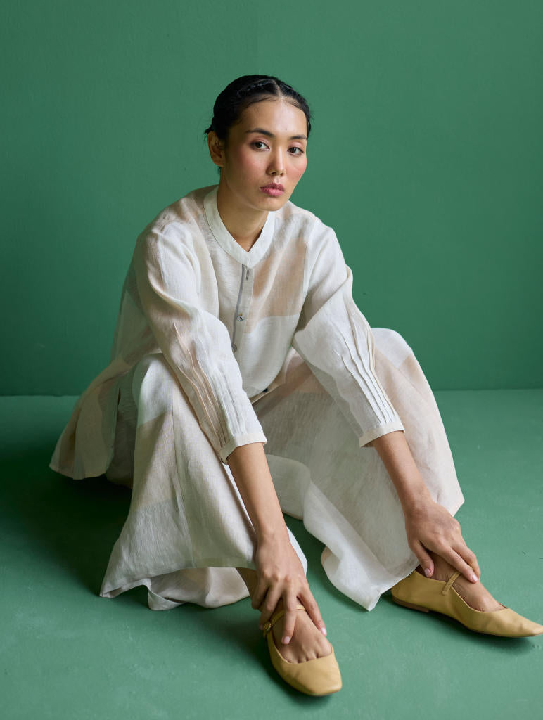 Izara Metallic Linen Co-ord Set - Ivory linen by Manan in ivory color for women Worldwide