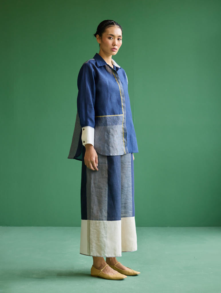 Yang Color-Blocked Co-ord Set - Navy linen by Manan in navy color for women Worldwide
