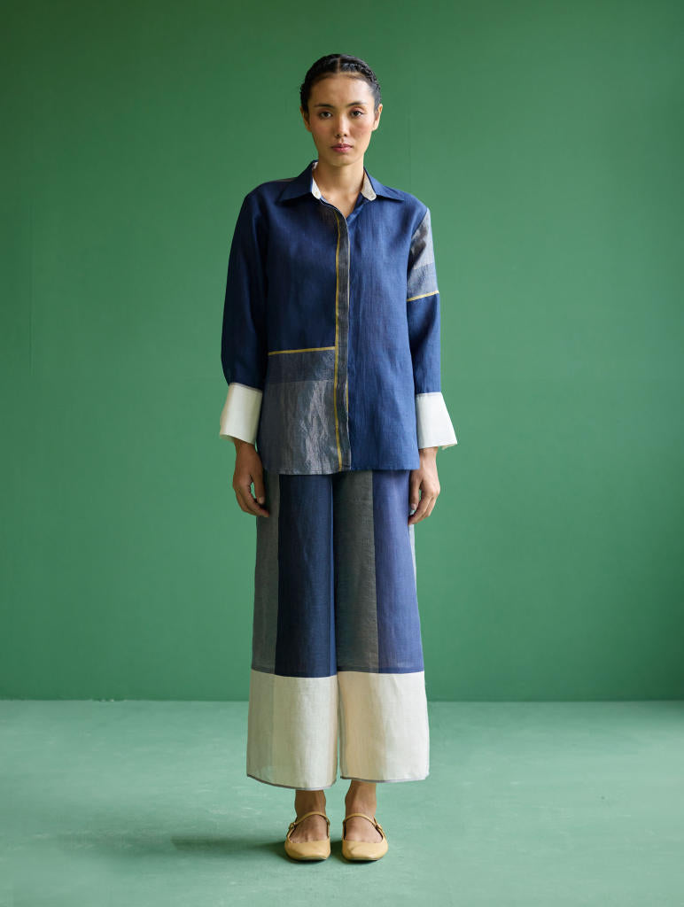 Yang Color-Blocked Co-ord Set - Navy linen by Manan in navy color for women Worldwide