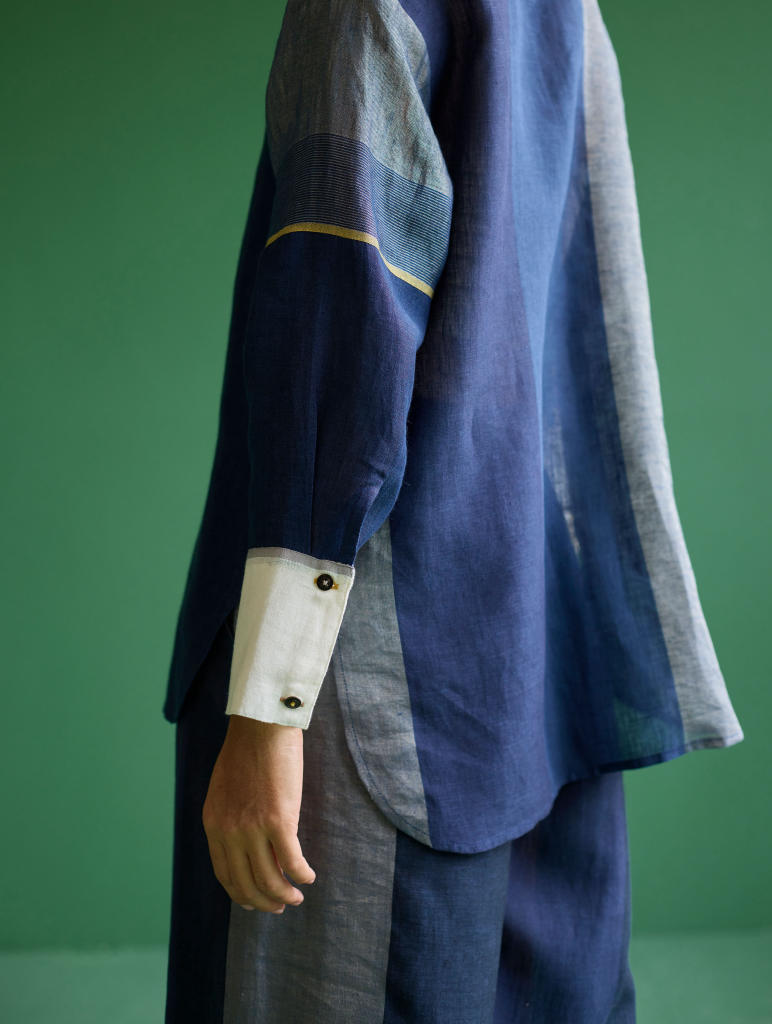 Yang Color-Blocked Co-ord Set - Navy linen by Manan in navy color for women Worldwide