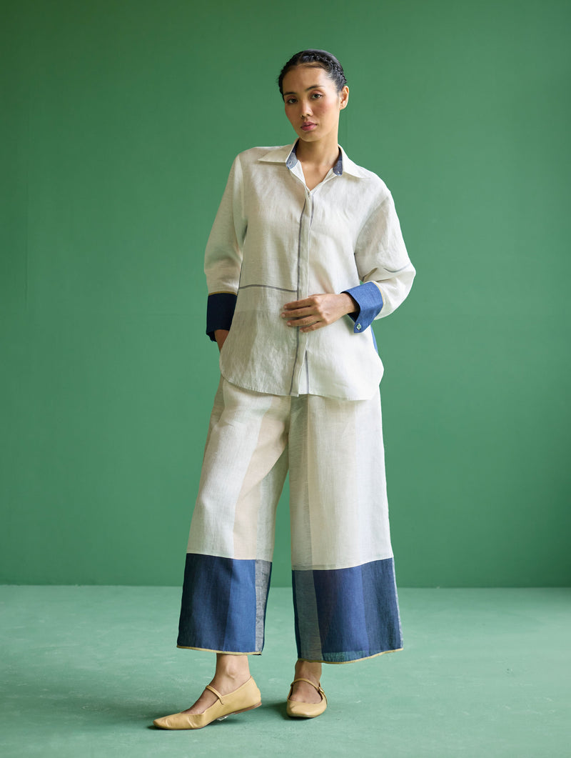 Yang Color-Blocked Co-ord Set - Ivory linen by Manan in ivory color for women Worldwide