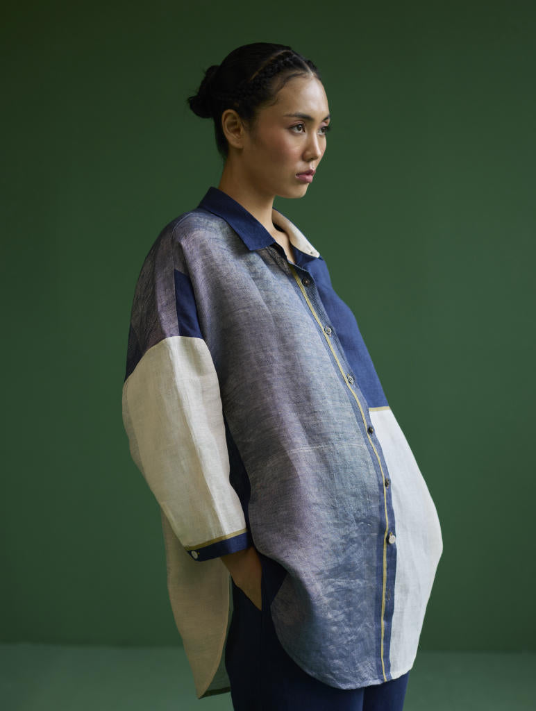 Esha Color-Blocked Co-ord Set
 - Navy linen by Manan in navy color for women Worldwide