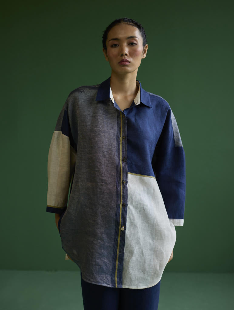 Esha Color-Blocked Co-ord Set
 - Navy linen by Manan in navy color for women Worldwide