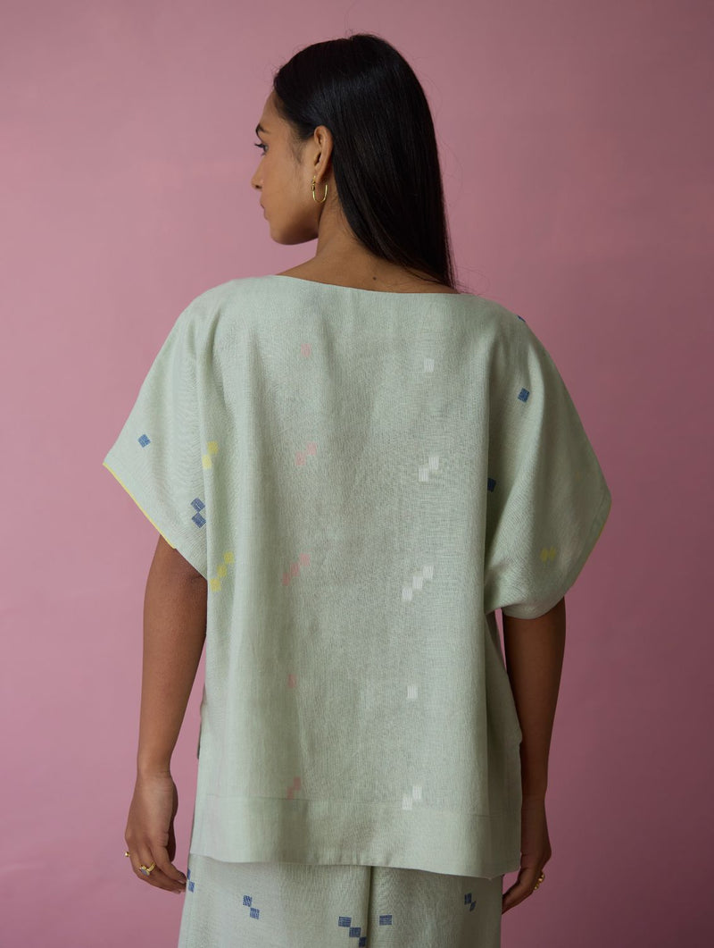 Kanni Hand-Embroidered Jamdani Linen Top - Aqua all linen by Manan for women Worldwide