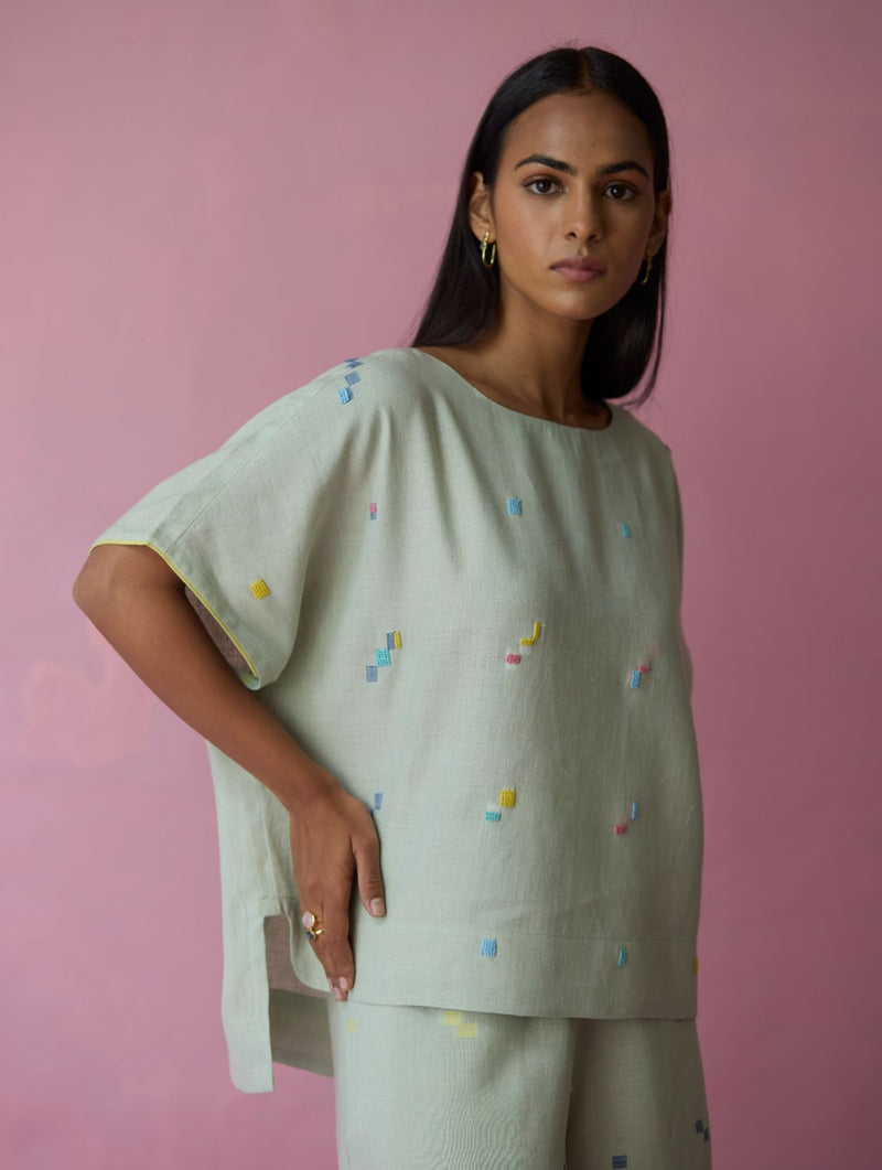 Kanni Hand-Embroidered Jamdani Co-ord Set - Aqua all linen by Manan for women Worldwide