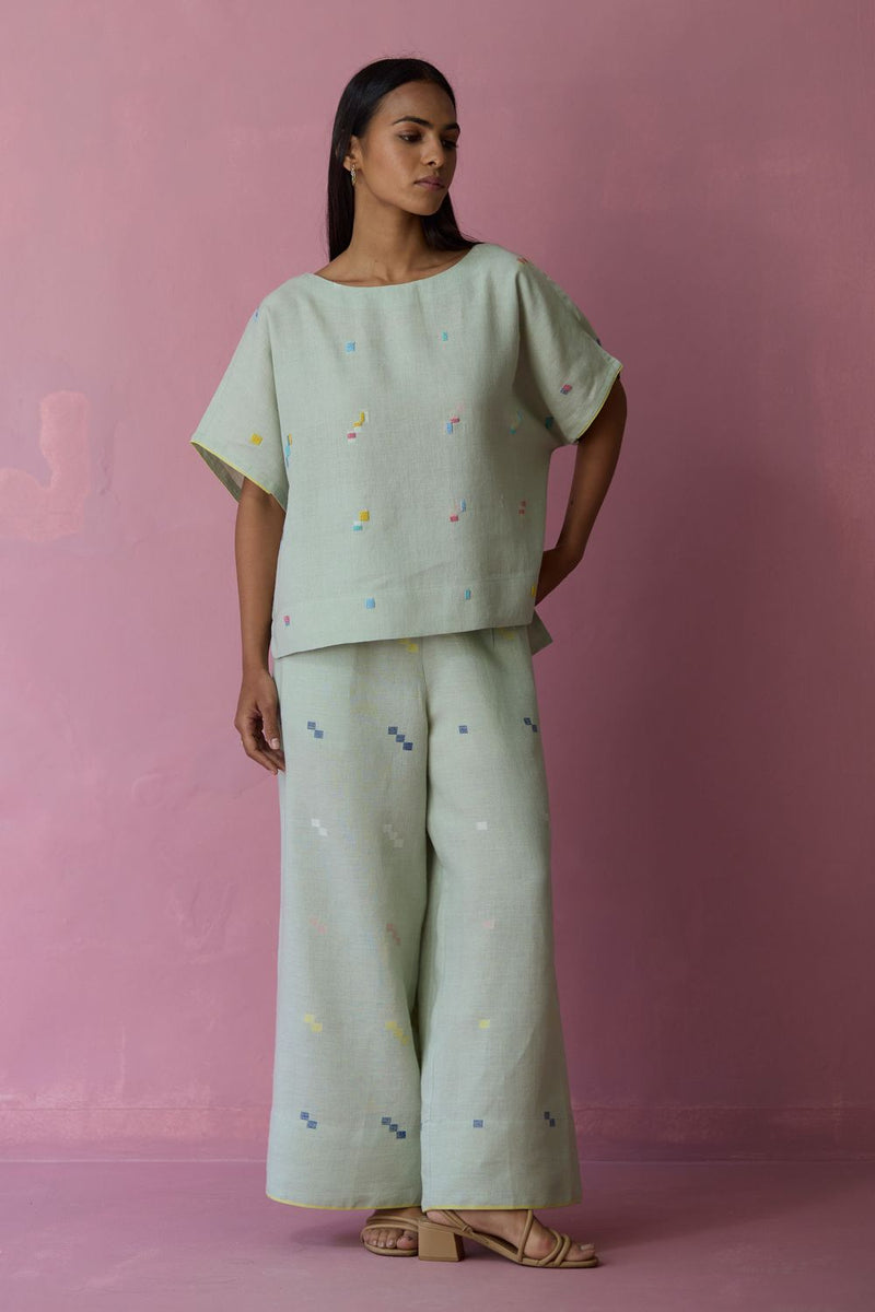 Kanni Hand-Embroidered Jamdani Co-ord Set - Aqua all linen by Manan for women Worldwide