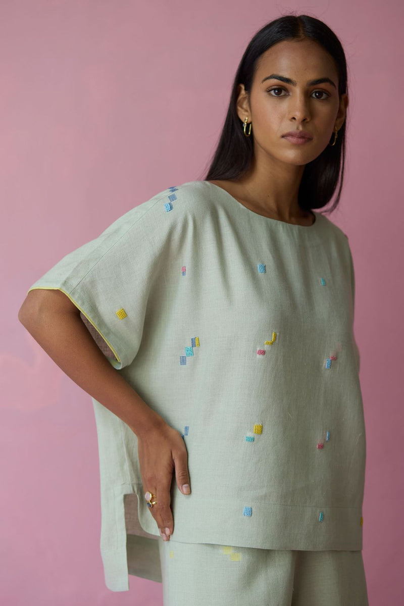 Kanni Hand-Embroidered Jamdani Linen Top - Aqua all linen by Manan for women Worldwide