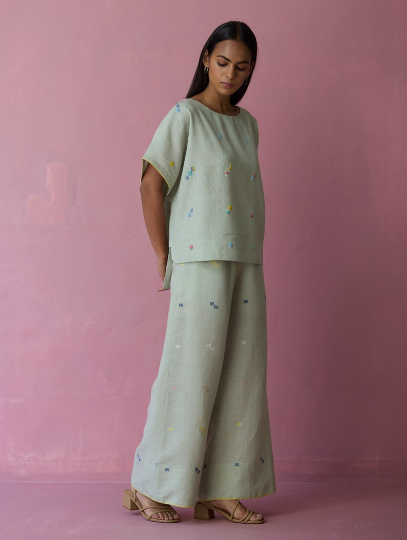 Kanni Hand-Embroidered Jamdani Co-ord Set - Aqua all linen by Manan for women Worldwide