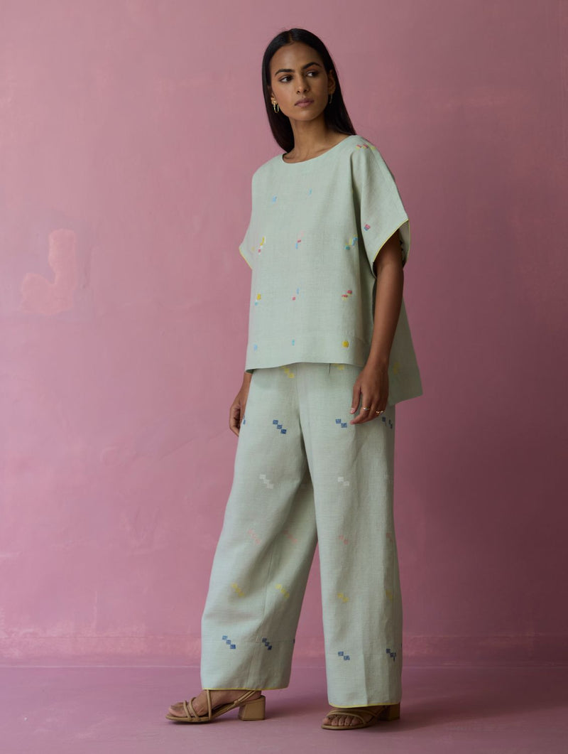 Kanni Hand-Embroidered Jamdani Co-ord Set - Aqua all linen by Manan for women Worldwide