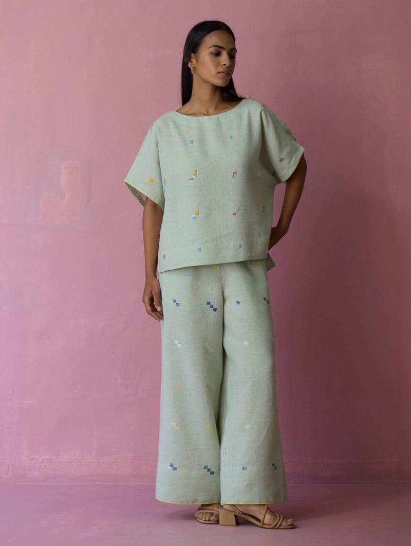 Kanni Hand-Embroidered Jamdani Linen Top - Aqua all linen by Manan for women Worldwide
