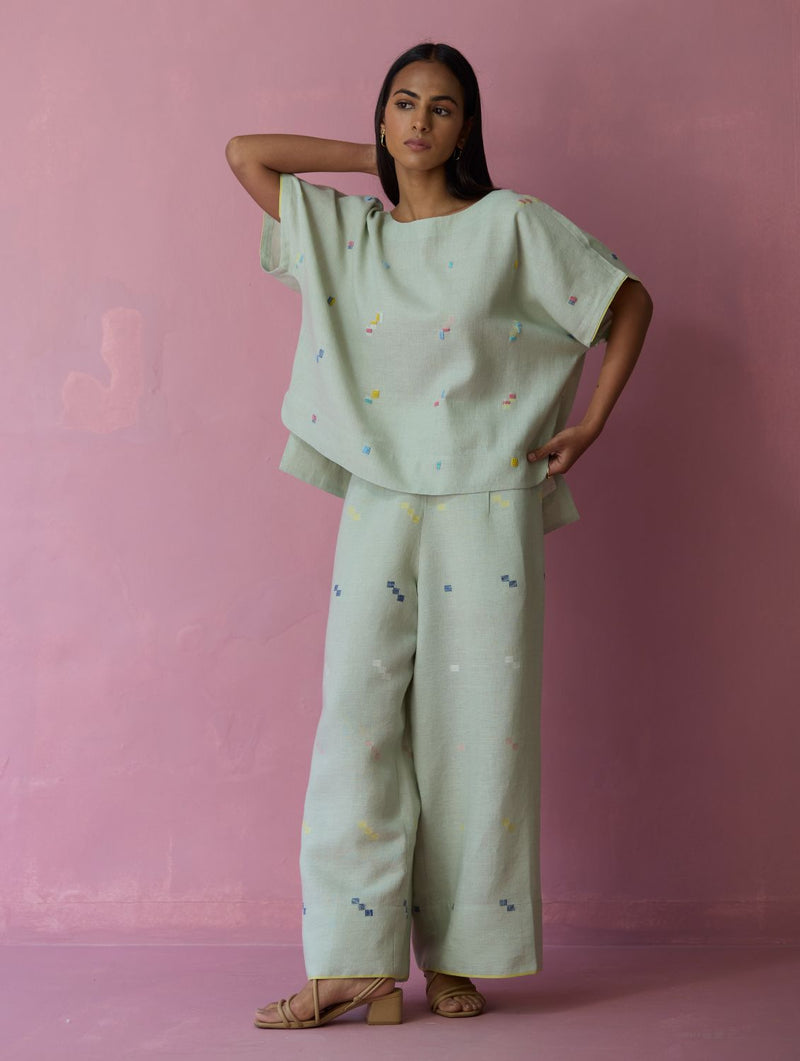 Kanni Hand-Embroidered Jamdani Linen Top - Aqua all linen by Manan for women Worldwide