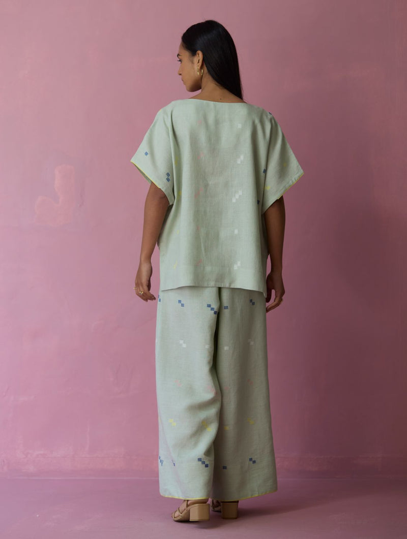 Kanni Hand-Embroidered Jamdani Co-ord Set - Aqua all linen by Manan for women Worldwide