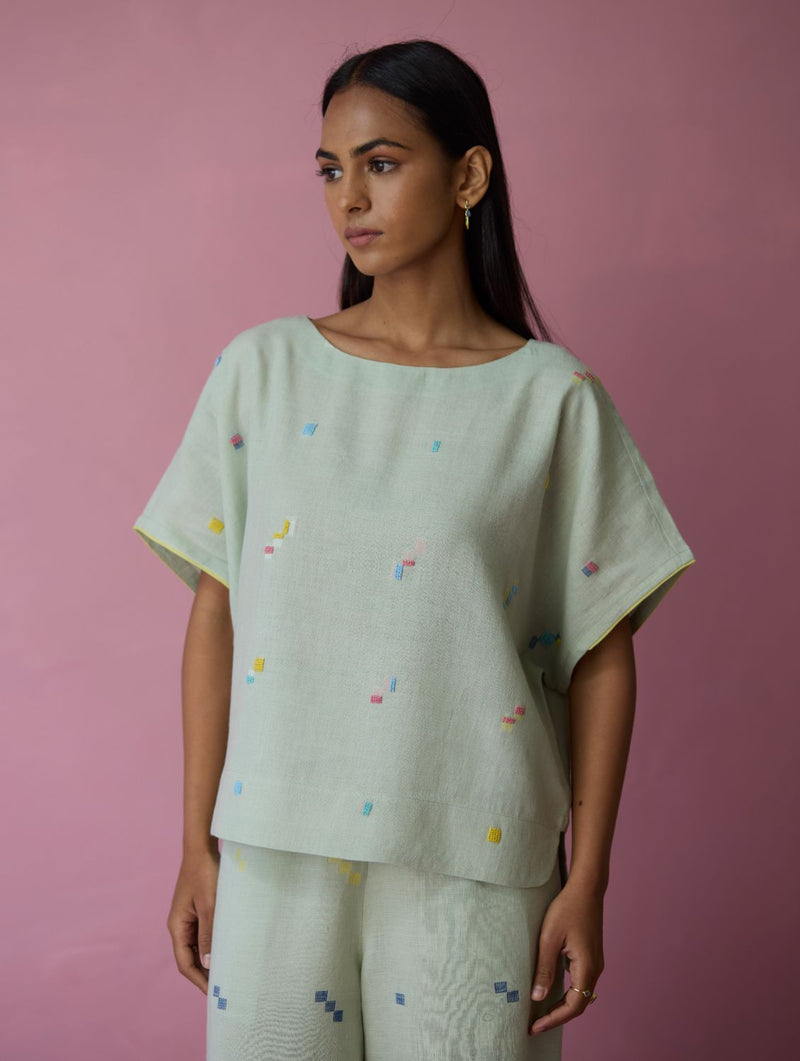 Kanni Hand-Embroidered Jamdani Linen Top - Aqua all linen by Manan for women Worldwide