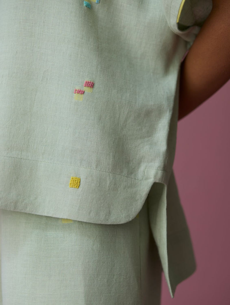 Kanni Hand-Embroidered Jamdani Co-ord Set - Aqua all linen by Manan for women Worldwide