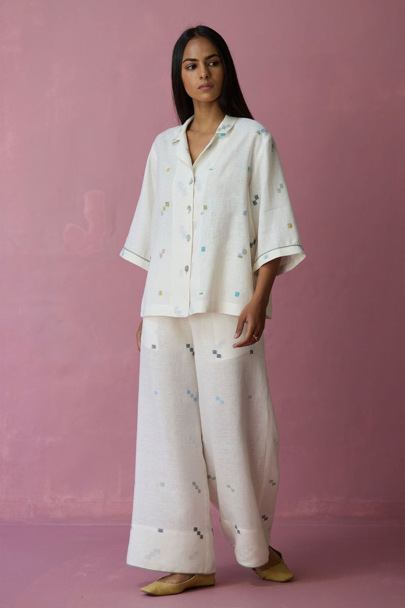 Imri Cuban Collar Jamdani Linen Shirt - Ivory all linen by Manan in ivory color for women Worldwide