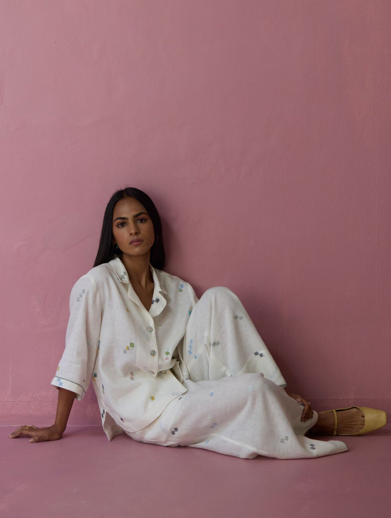 Imri Cuban Collar Jamdani Linen Shirt - Ivory all linen by Manan in ivory color for women Worldwide
