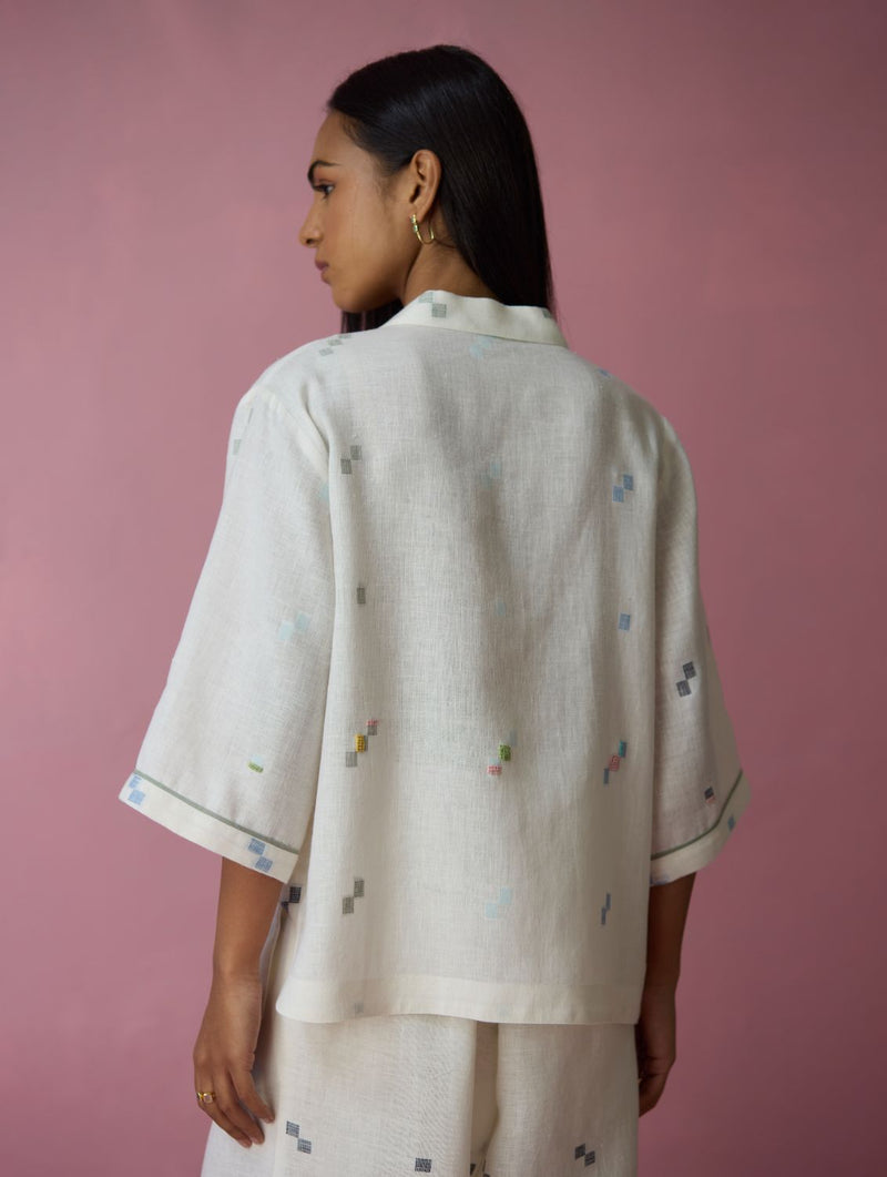 Imri Cuban Collar Jamdani Linen Shirt - Ivory all linen by Manan in ivory color for women Worldwide
