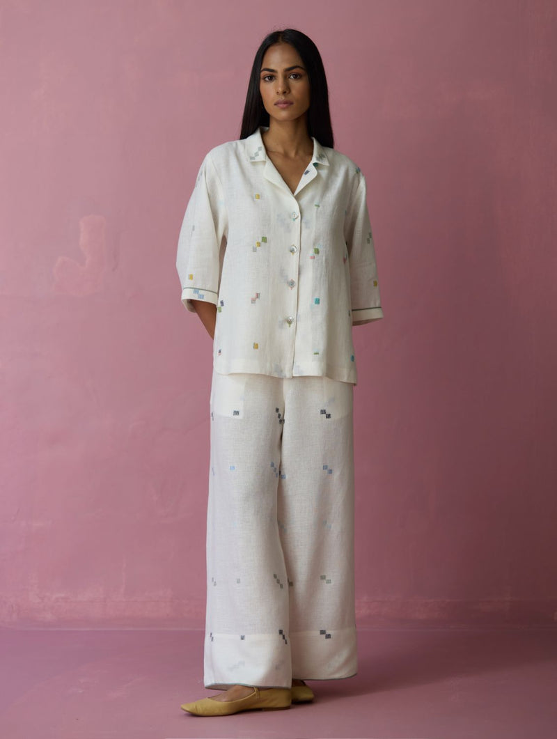 Imri Cuban Collar Jamdani Linen Shirt - Ivory all linen by Manan in ivory color for women Worldwide