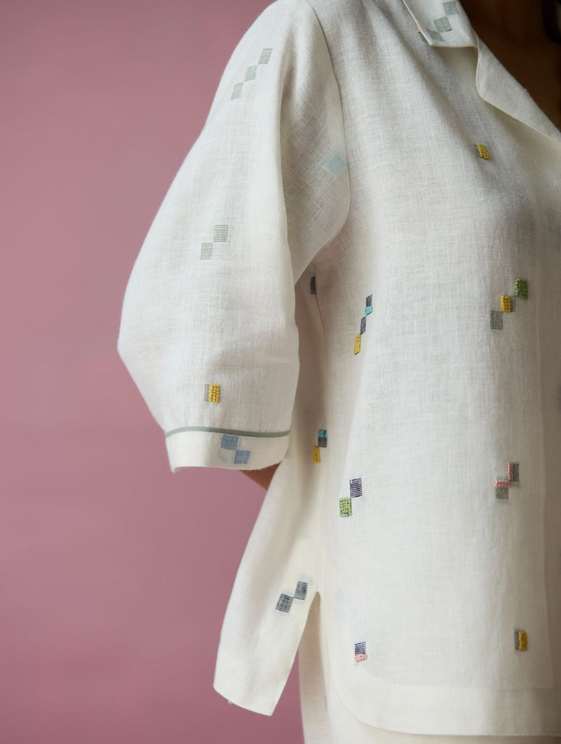 Imri Cuban Collar Jamdani Linen Shirt - Ivory all linen by Manan in ivory color for women Worldwide