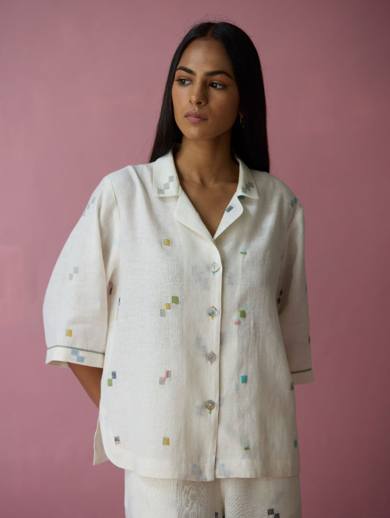 Imri Cuban Collar Jamdani Linen Shirt - Ivory all linen by Manan in ivory color for women Worldwide