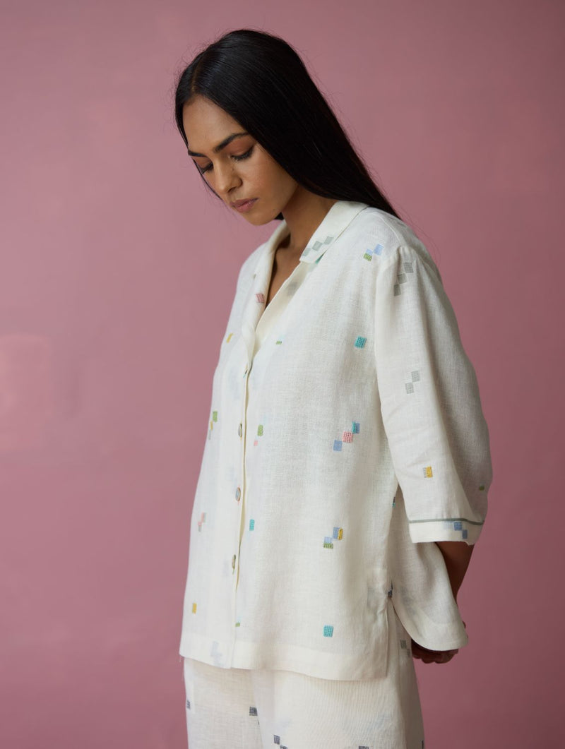 Imri Cuban Collar Jamdani Linen Shirt - Ivory all linen by Manan in ivory color for women Worldwide