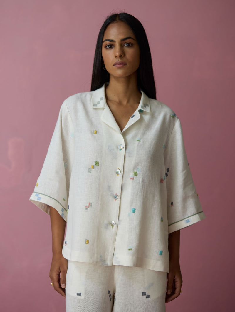 Imri Cuban Collar Jamdani Linen Shirt - Ivory all linen by Manan in ivory color for women Worldwide