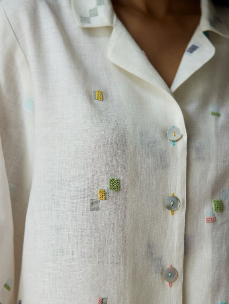 Imri Cuban Collar Jamdani Linen Shirt - Ivory all linen by Manan in ivory color for women Worldwide