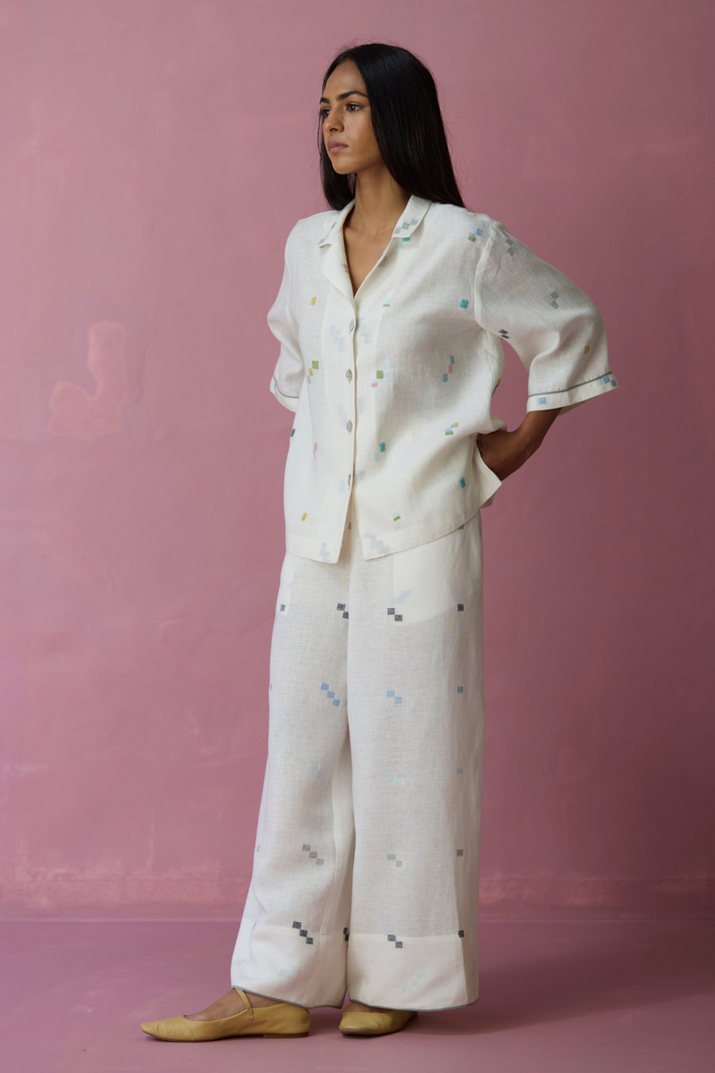 Imri Cuban Collar Jamdani Linen Shirt - Ivory all linen by Manan in ivory color for women Worldwide