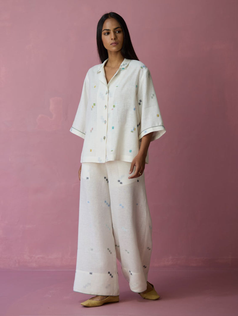 Imri Cuban Collared Jamdani Linen Co-ord Set - Ivory all linen by Manan in ivory color for women Worldwide