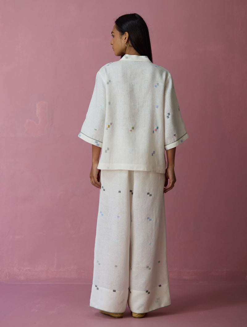 Imri Cuban Collared Jamdani Linen Co-ord Set - Ivory all linen by Manan in ivory color for women Worldwide