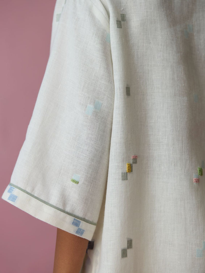 Imri Cuban Collared Jamdani Linen Co-ord Set - Ivory all linen by Manan in ivory color for women Worldwide