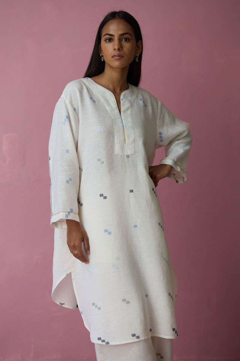 Ikara Jamdani Linen Kurta Set - Ivory all linen by Manan in ivory color for women Worldwide
