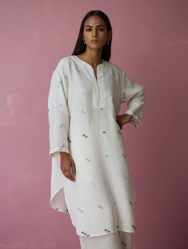 Ikara Jamdani Linen Kurta Set - Ivory all linen by Manan in ivory color for women Worldwide