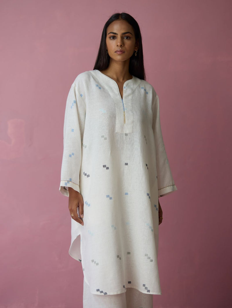 Ikara Jamdani Linen Kurta Set - Ivory all linen by Manan in ivory color for women Worldwide