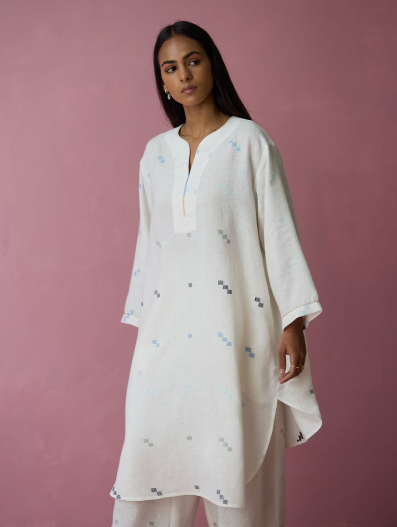 Ikara Jamdani Linen Kurta Set - Ivory all linen by Manan in ivory color for women Worldwide