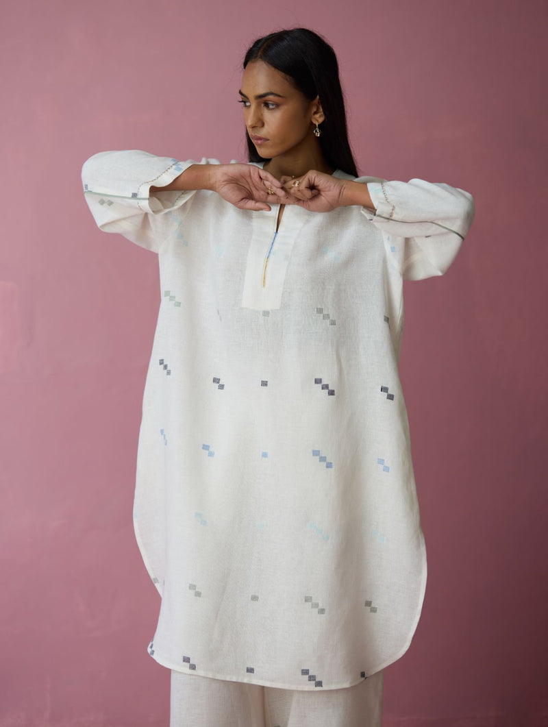 Ikara Jamdani Linen Kurta Set - Ivory all linen by Manan in ivory color for women Worldwide