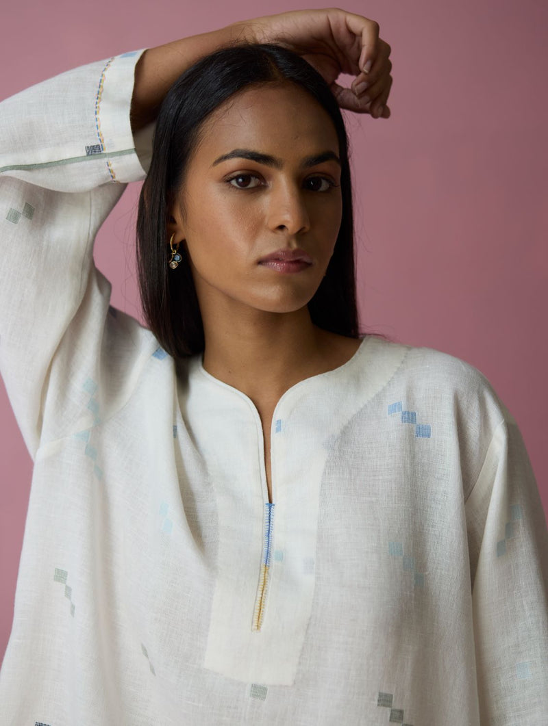 Ikara Jamdani Linen Kurta Set - Ivory all linen by Manan in ivory color for women Worldwide