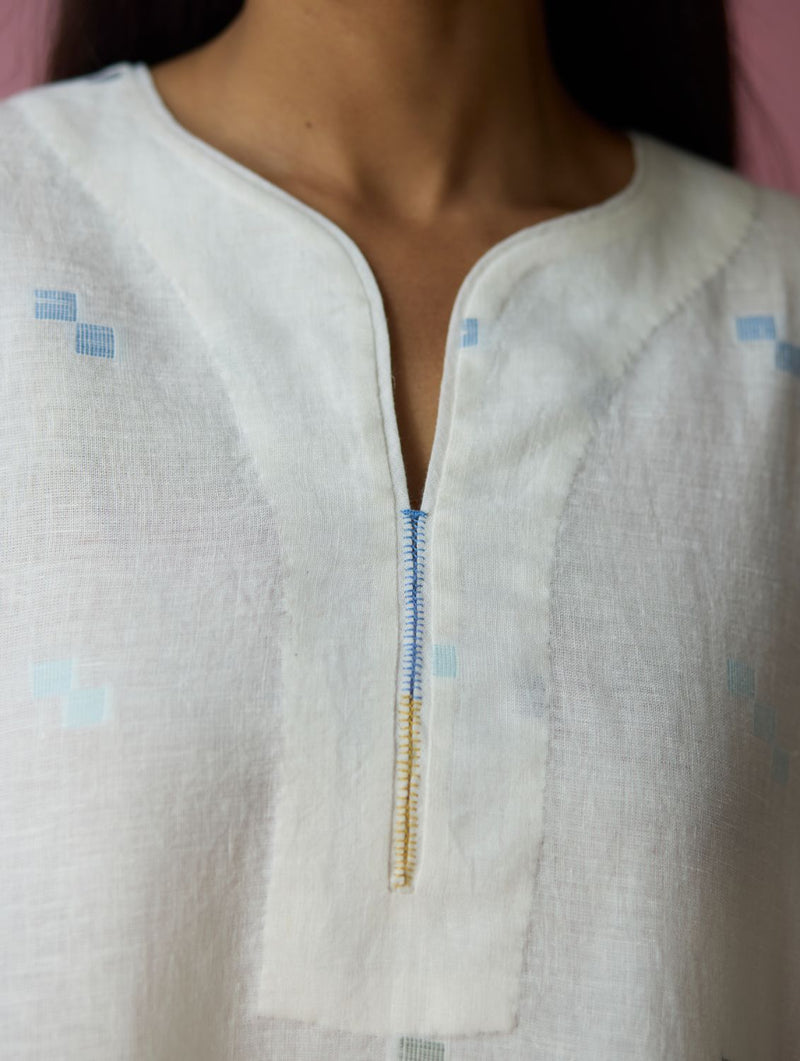 Ikara Jamdani Linen Kurta Set - Ivory all linen by Manan in ivory color for women Worldwide