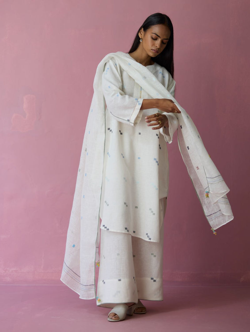 Ikara Jamdani Linen Kurta Set - Ivory all linen by Manan in ivory color for women Worldwide