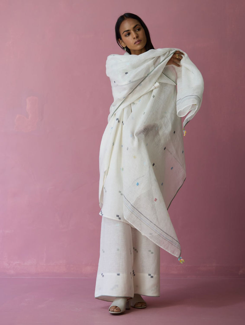 Ikara Jamdani Linen Kurta Set - Ivory all linen by Manan in ivory color for women Worldwide