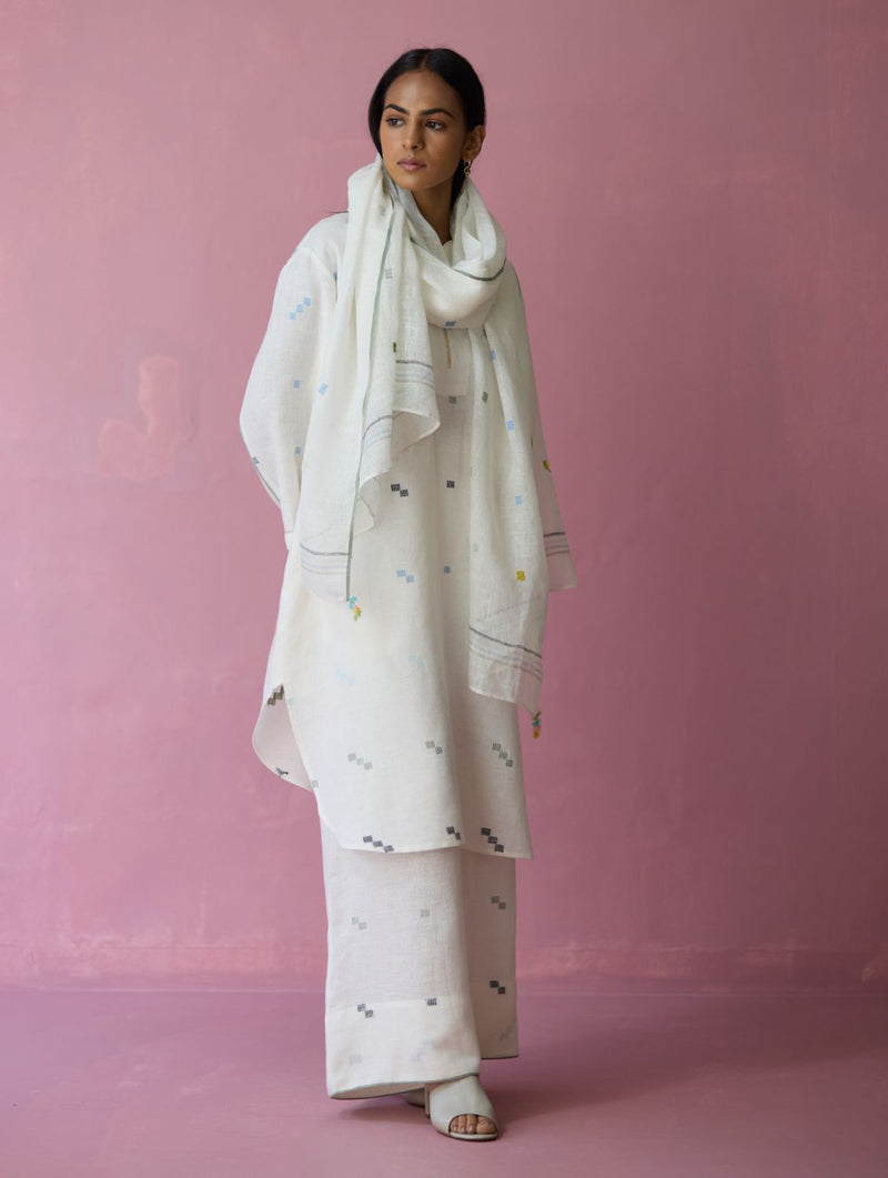 Ikara Jamdani Linen Kurta Set - Ivory all linen by Manan in ivory color for women Worldwide