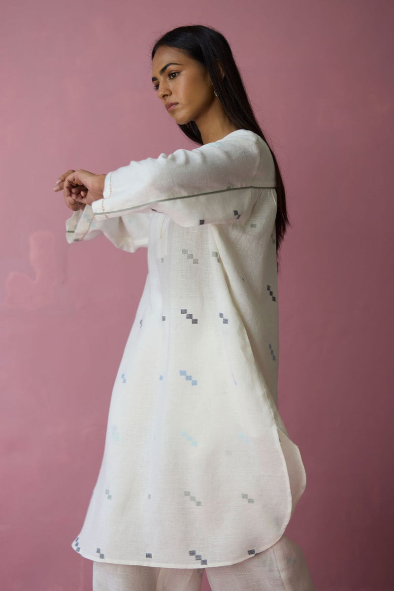 Ikara Jamdani Linen Kurta Set - Ivory all linen by Manan in ivory color for women Worldwide