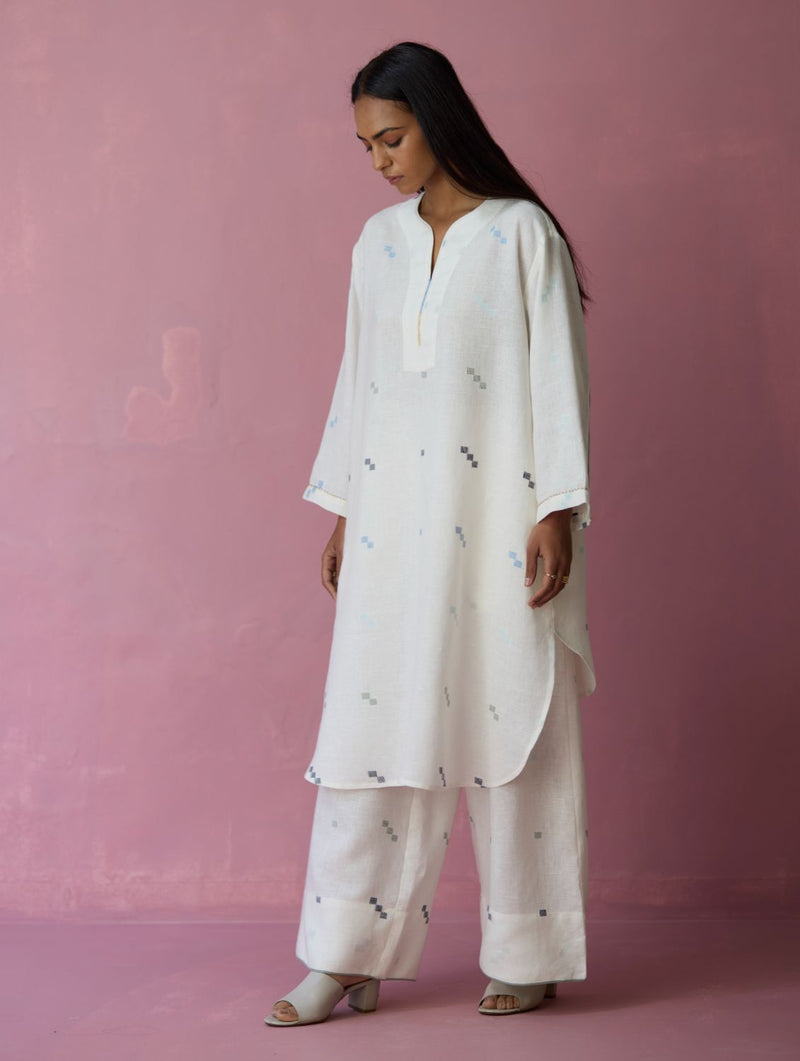 Ikara Jamdani Linen Kurta Set - Ivory all linen by Manan in ivory color for women Worldwide