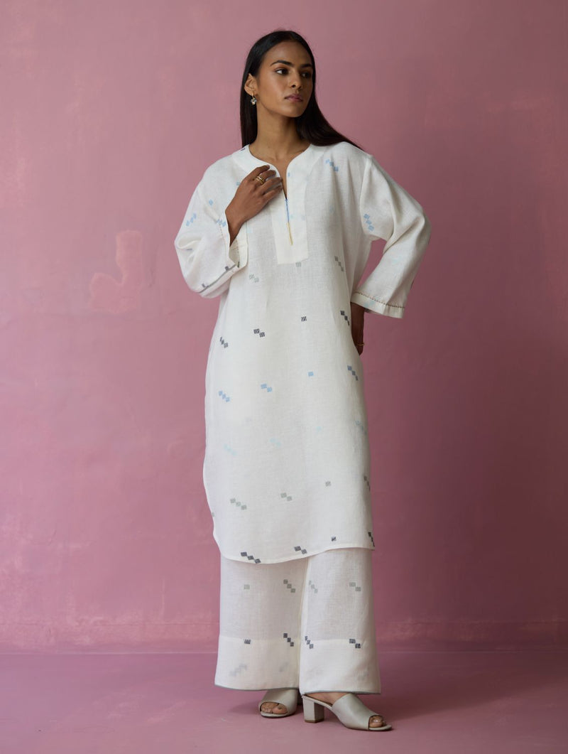 Ikara Jamdani Linen Kurta Set - Ivory all linen by Manan in ivory color for women Worldwide