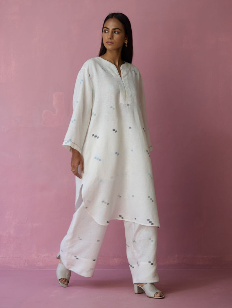 Ikara Jamdani Linen Kurta Set - Ivory all linen by Manan in ivory color for women Worldwide